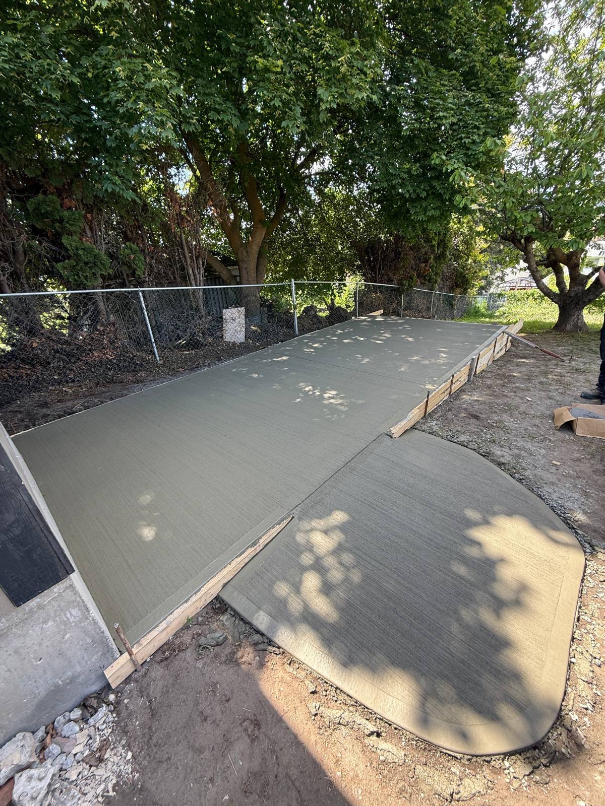 Freshly poured concrete pathway under trees.