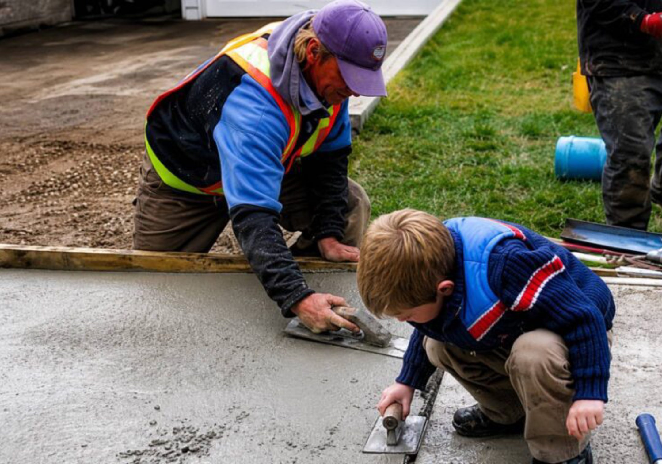 Child and adult smoothing wet concrete together.