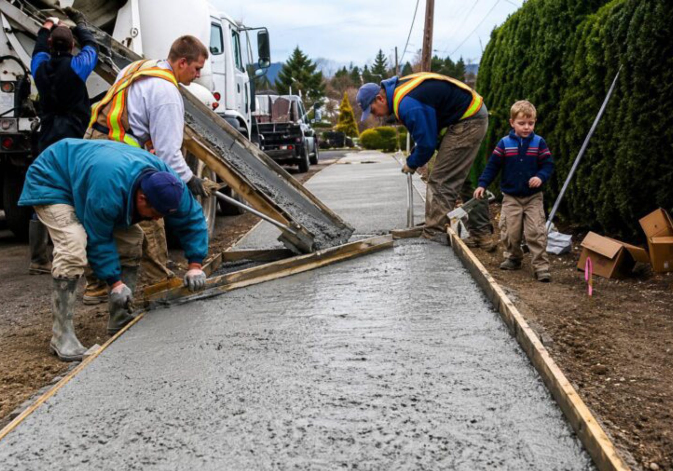 Workers pouring and smoothing concrete on sidewalk.